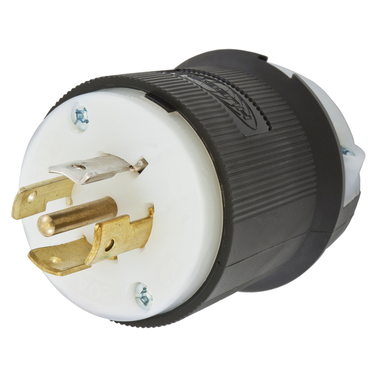 Locking Devices, Twist-Lock, Industrial, Male Insulgrip Plug, 20A 3-Phase WYE 277/480V AC, 4-Pole 5-Wire Grounding, NEMA L22-20R, Screw Terminal, Black and White Nylon.