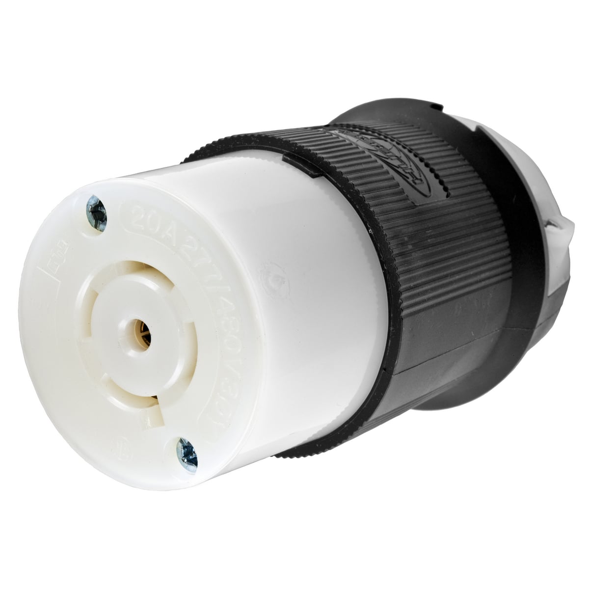 Locking Devices, Twist-Lock, Industrial, Female Insulgrip Connector Body, 20A 3-Phase Wye 277/480V AC, 4-Pole 4-Wire Non-Grounding, NEMA L22-20R, Screw Terminal , Black and White Nylon.
