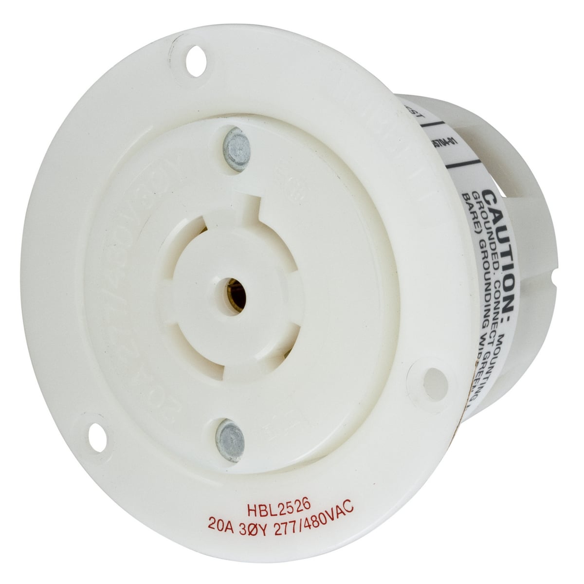 Locking Devices, Twist-Lock, Industrial, Insulgrip Flanged Receptacle, 20A Phase Wye 277/480V AC, 4-Pole 5-Wire Grounding, NEMA L22-20R, Screw Terminal , Nylon casing, back wired, White.