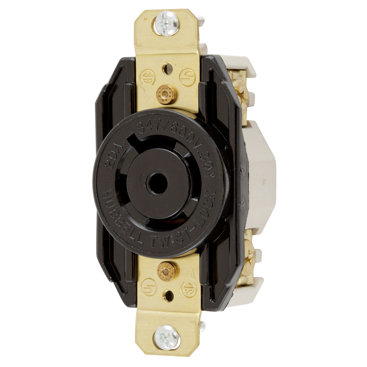 Locking Devices, Twist-Lock, Industrial, Single Flush Receptacle, 20A 3-Phase Wye 20A 347/600V AC, 4-Pole 5-Wire Grounding, NEMA L23-20R, Screw Terminal, Nylon face, Back and side wired, Black.
