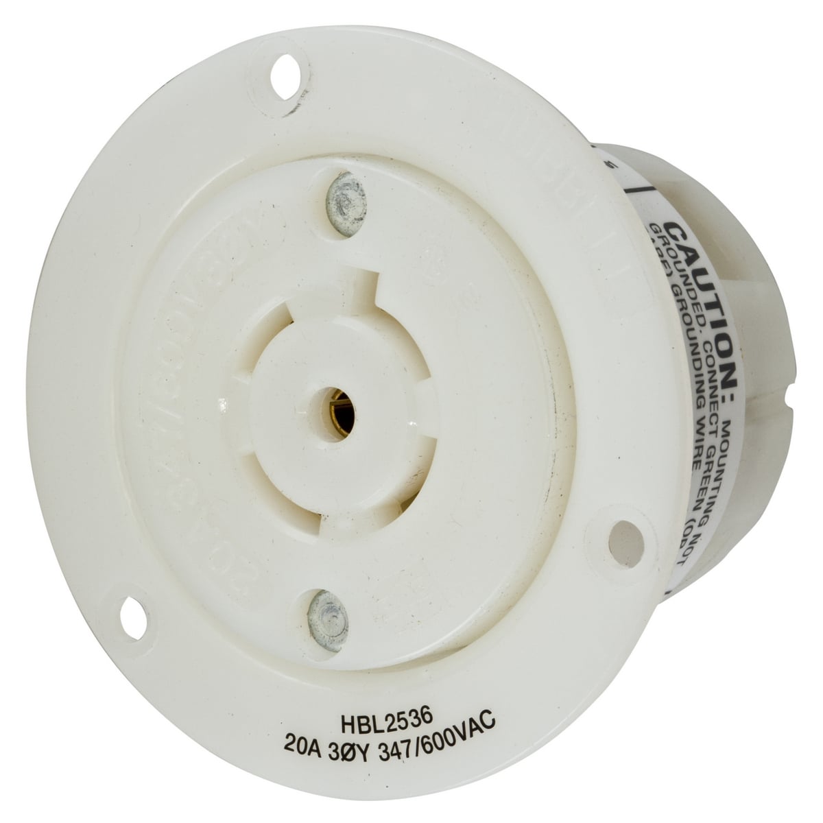 Locking Devices, Twist-Lock, Industrial, Insulgrip Flanged Receptacle, 20A 3-Phase Wye 20A 347/600V AC, 4-Pole 5-Wire Grounding, NEMA L23-20R, Screw Terminal, Nylon casing, Back wired, White.