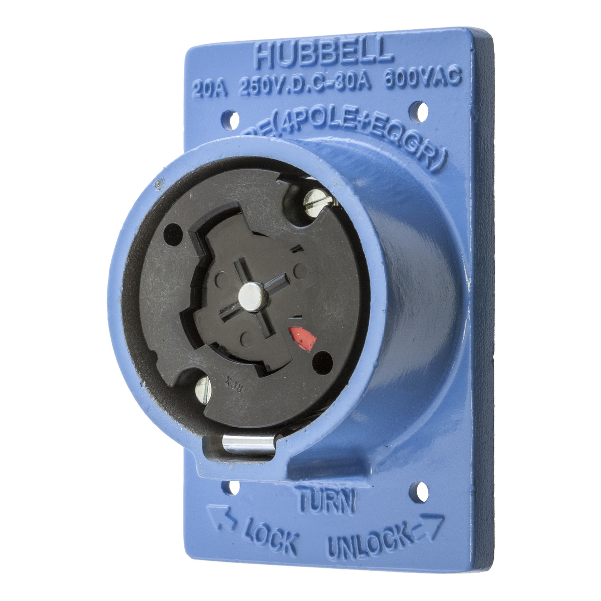 Hubbellock Industrial Receptacle, 30A 600V AC, 20A 250V DC, 4-Pole 5-Wire Grounding phenolic interior housing, Non NEMA, Screw Terminal