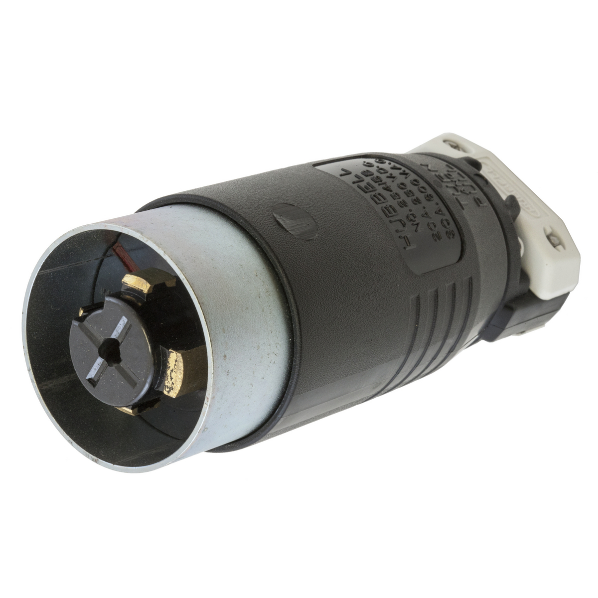 Locking Devices, Hubbellock, Industrial, Steel Shroud, Male Plug, 30A 600V AC, 20A 250V DC, 4-Pole 5-Wire Grounding Hubbellock Plug, Black nylon housing, Thermoset interior, Non NEMA, Screw Terminal, Black/White