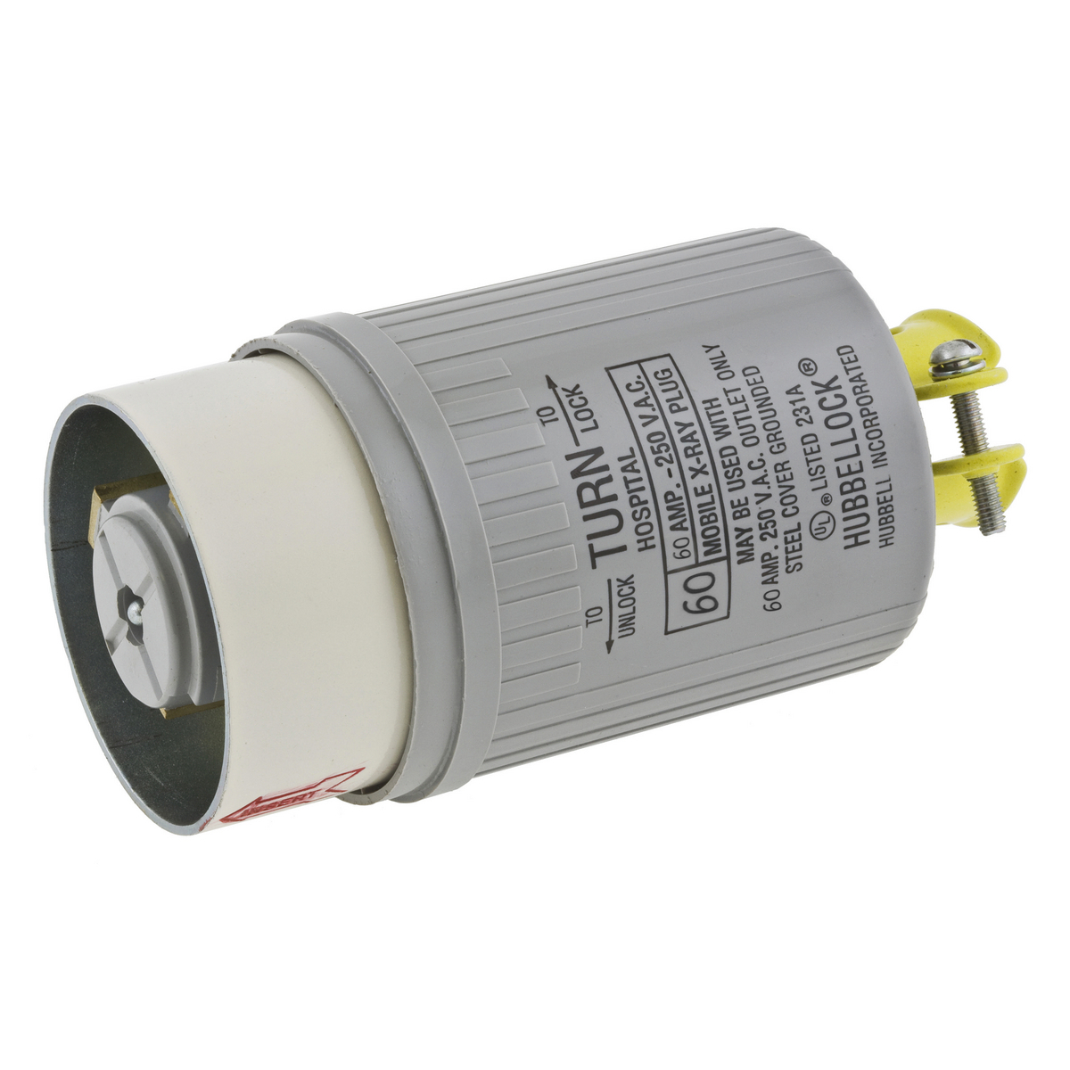 Hubbellock, Mobile X-Ray Male Plug, 60A 250V, 2-Pole 3-Wire Grounding, Non NEMA, Screw Terminal