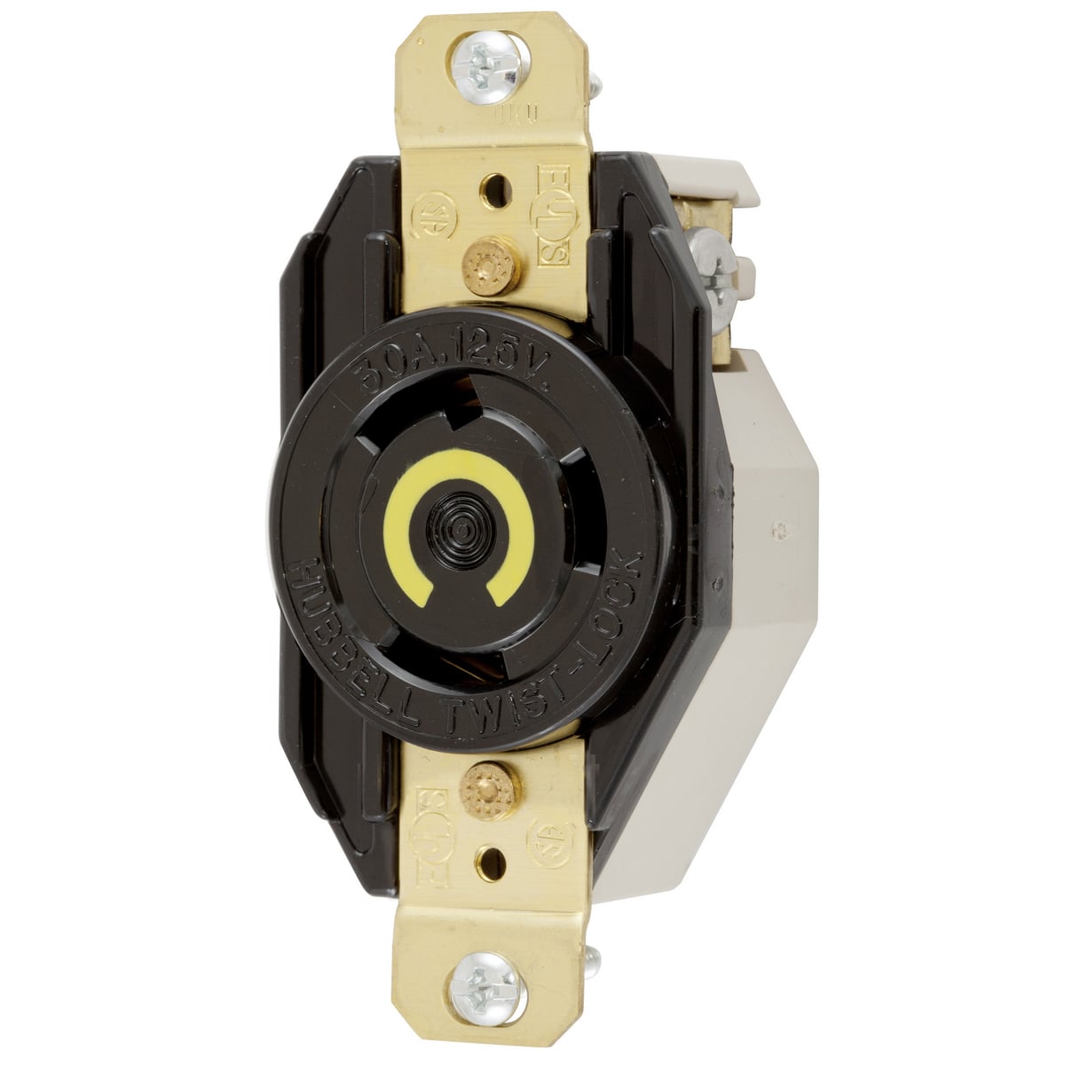 Locking Devices, Twist-Lock, Industrial, Flush Receptacle, 30A 125V, 2-Pole 3-Wire Grounding, L5-30R, Screw Terminal, Black.