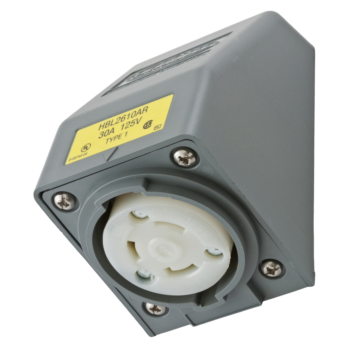 Locking Devices, Twist-Lock, Safety-Shroud, Angled Receptacle, One Gang, 30A 125V AC, 2-Pole 3-Wire Grounding, NEMA L5-30R, Screw Terminal, Gray.