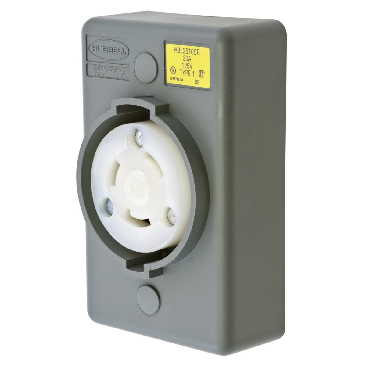 Locking Devices, Twist-Lock, Safety-Shroud, Surface Mount Receptacle, One Gang, 30A 125V AC, 2-Pole 3-Wire Grounding, NEMA L5- 30R, Screw Terminal, Gray.