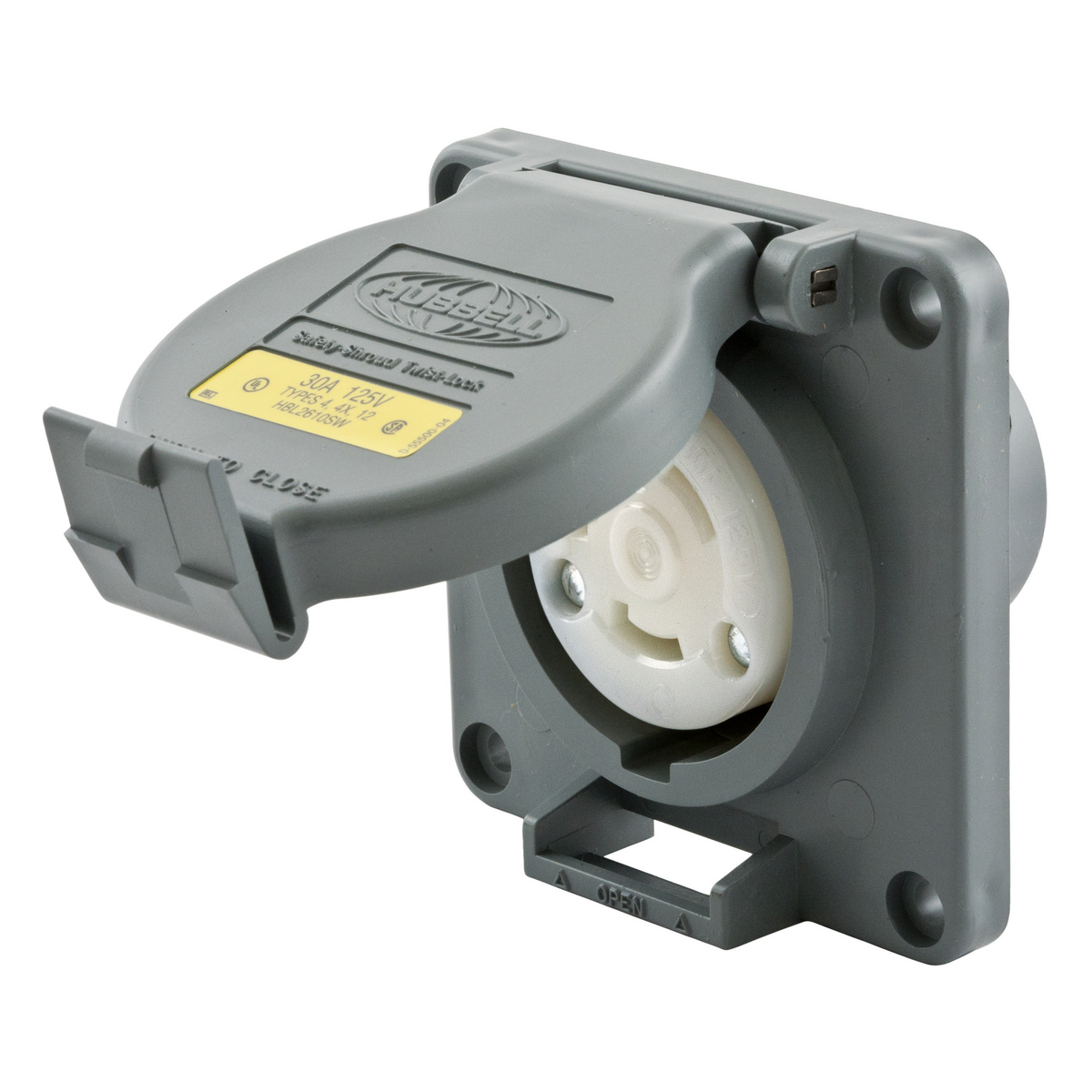 Locking Devices, Twist-Lock, Watertight Safety-Shroud, Receptacle, 30A 125V AC, 2-Pole 3-Wire Grounding, NEMA L5-30R, Screw Terminal, PBT housing and flange, Gray.