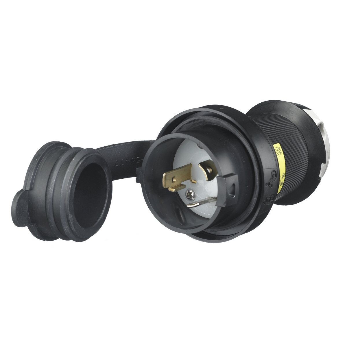 Locking Devices, Twist-Lock, Watertight Safety-Shroud, Male Plug, 30A 125V AC, 2-Pole 3-Wire Grounding, NEMA L5-30P, Screw Terminal, Black PBT housing, White PBT clamps.