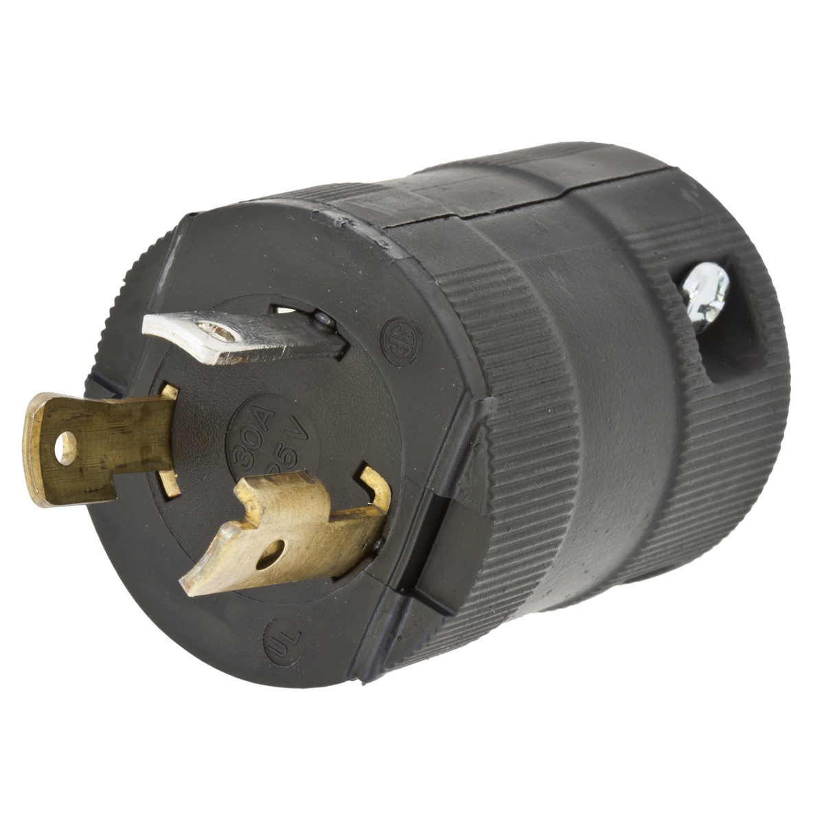 Locking Devices, Twist-Lock, Valise, Male Plug, 30A 125V AC, 2-Pole 3-Wiire Grounding, NEMA L5-30P, Screw Terminal, Black Nylon.