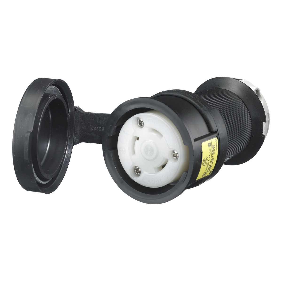Locking Devices, Twist-Lock, Watertight Safety-Shroud, Female Connector Body, 30A 125V AC, 2-Pole 3-Wire Grounding, NEMA L5-30R, Screw Terminal, Black PBT housing, White PBT clamps.