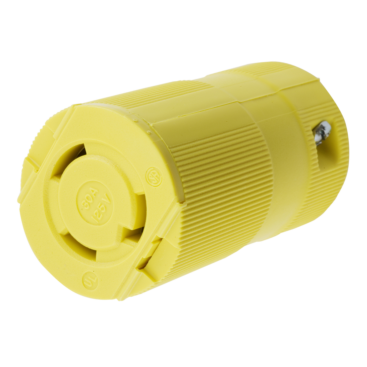 Locking Devices, Twist-Lock, Valise, Female Connector Body, 30A 125V AC, 2-Pole 3-Wire Grounding, NEMA L5-30R, Screw Terminal, Yellow Nylon.