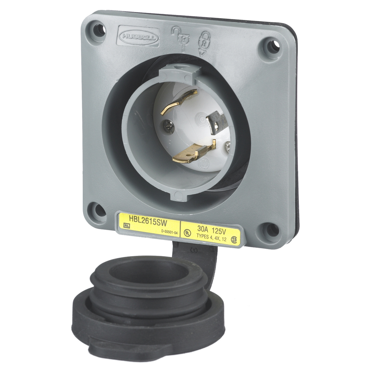 Locking Devices, Twist-Lock, Industrial, Flanged Inlet, 30A 125V, 2-Pole 3-Wire Grounding, L5-30P, Screw Terminal, Gray.
