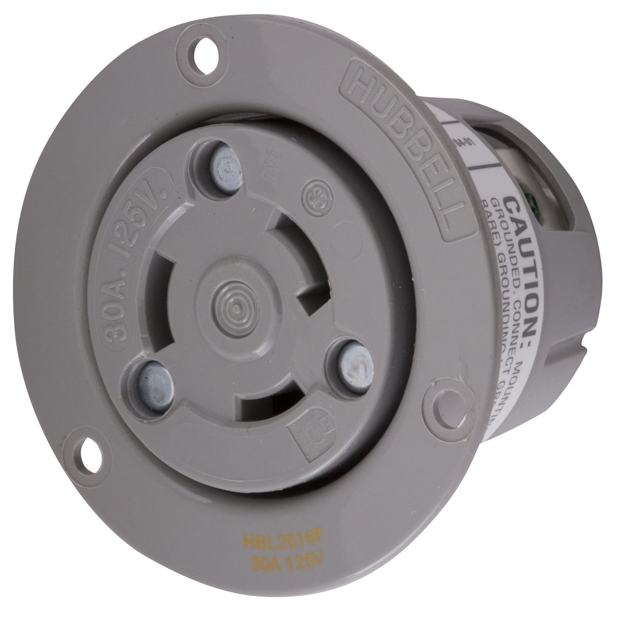 Locking Devices, Twist-Lock, Industrial, Flanged Receptacle, 30A 125V, 2-Pole 3-Wire Grounding, L5-30R, Screw Terminal, Gray, High Temp Version.