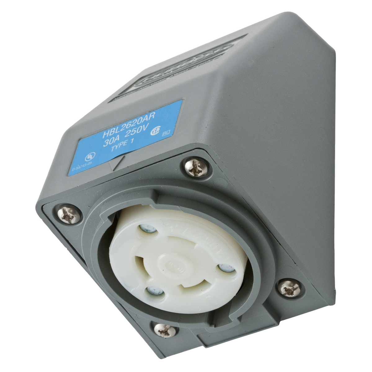 Locking Devices, Twist-Lock, Safety-Shroud Receptacle, 30A, 250V AC, 2 Pole, 3 Wire Grounding, NEMA L6-30R, RPT angle housing, One Gang, Gray