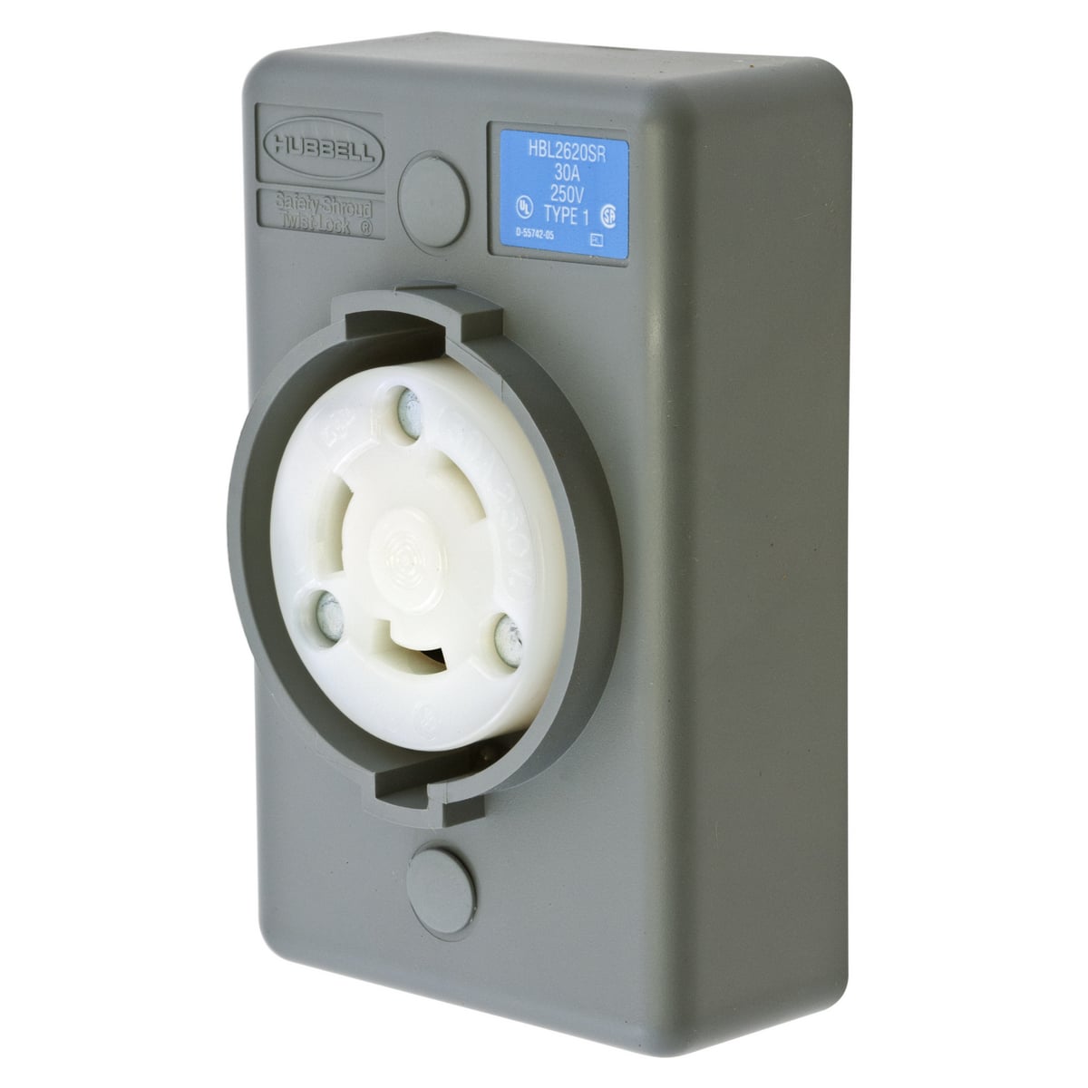 Locking Devices, Twist-Lock, Safety-Shroud Receptacle, 30A, 250V AC, 2 Pole, 3 Wire Grounding, NEMA L6-30R, RPT surface mounting, One Gang, Gray