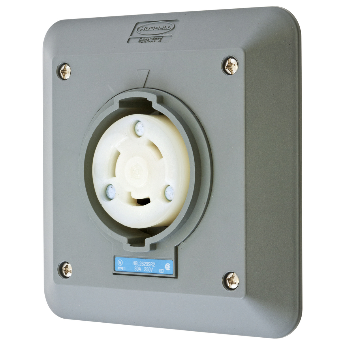 Locking Devices, Twist-Lock, Safety-Shroud Receptacle, 30A, 250V AC, 2 Pole, 3 Wire Grounding, NEMA L6-30R, PBT housing, semi-flush, Two Gang, Gray