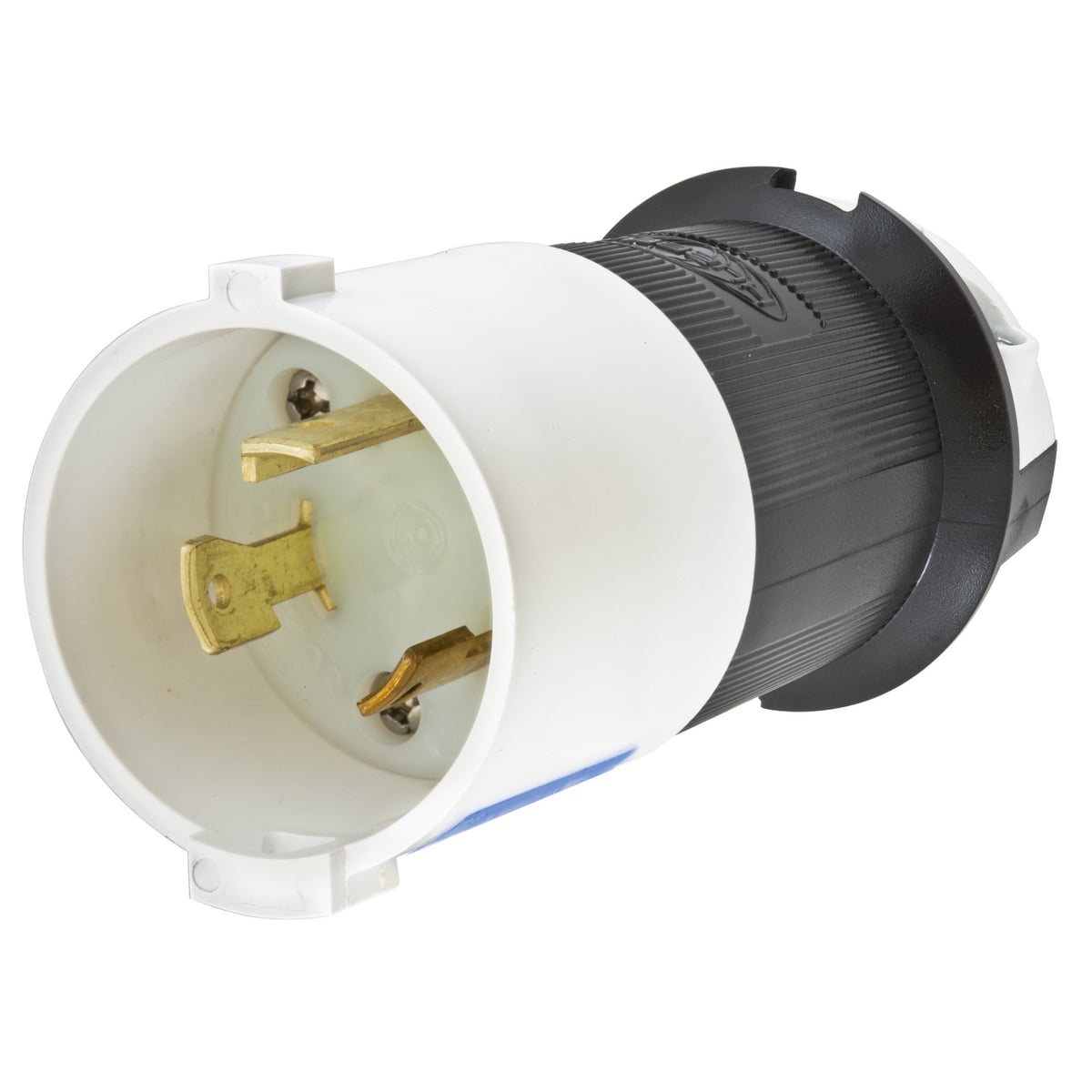 Locking Devices, Twist-Lock, Safety-Shroud, Male Plug, 30A 250V AC, 2-Pole 3-Wire Grounding, L6-30P, Screw Terminal, Black and White Nylon Body, White PBT Shroud.