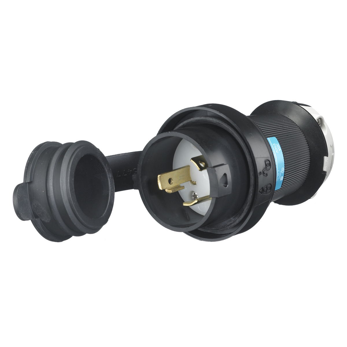 Locking Devices, Twist-Lock, Watertight Safety-Shroud, Male Plug, 30A 250V AC, 2-Pole 3-Wire Grounding, NEMA L6-30P, Screw Terminal, Black PBT housing, White PBT clamps.