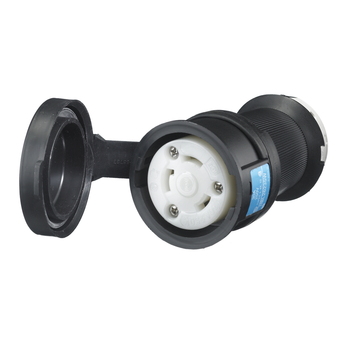 Locking Devices, Twist-Lock, Watertight Safety-Shroud Connector, 30A, 250V AC, 2 Pole, 3 Wire Grounding, NEMA L6-30R, Black PBT housing, White PBT clamps.