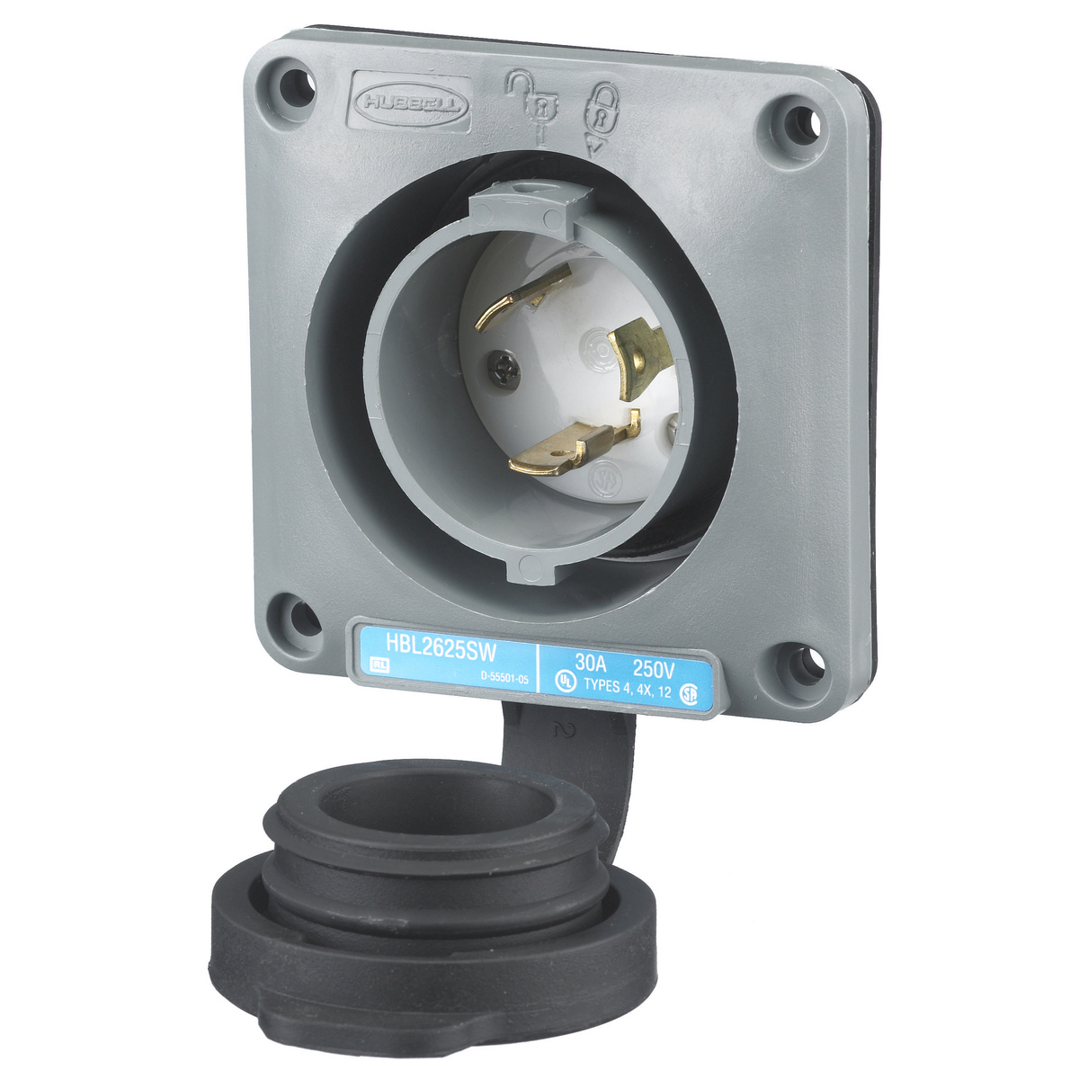 Locking Devices, Twist-Lock, Watertight Safety-Shroud Flanged Inlet, 30A, 250V AC, 2 Pole, 3 Wire Grounding, NEMA L6-30P, Gray Valox housing and flange