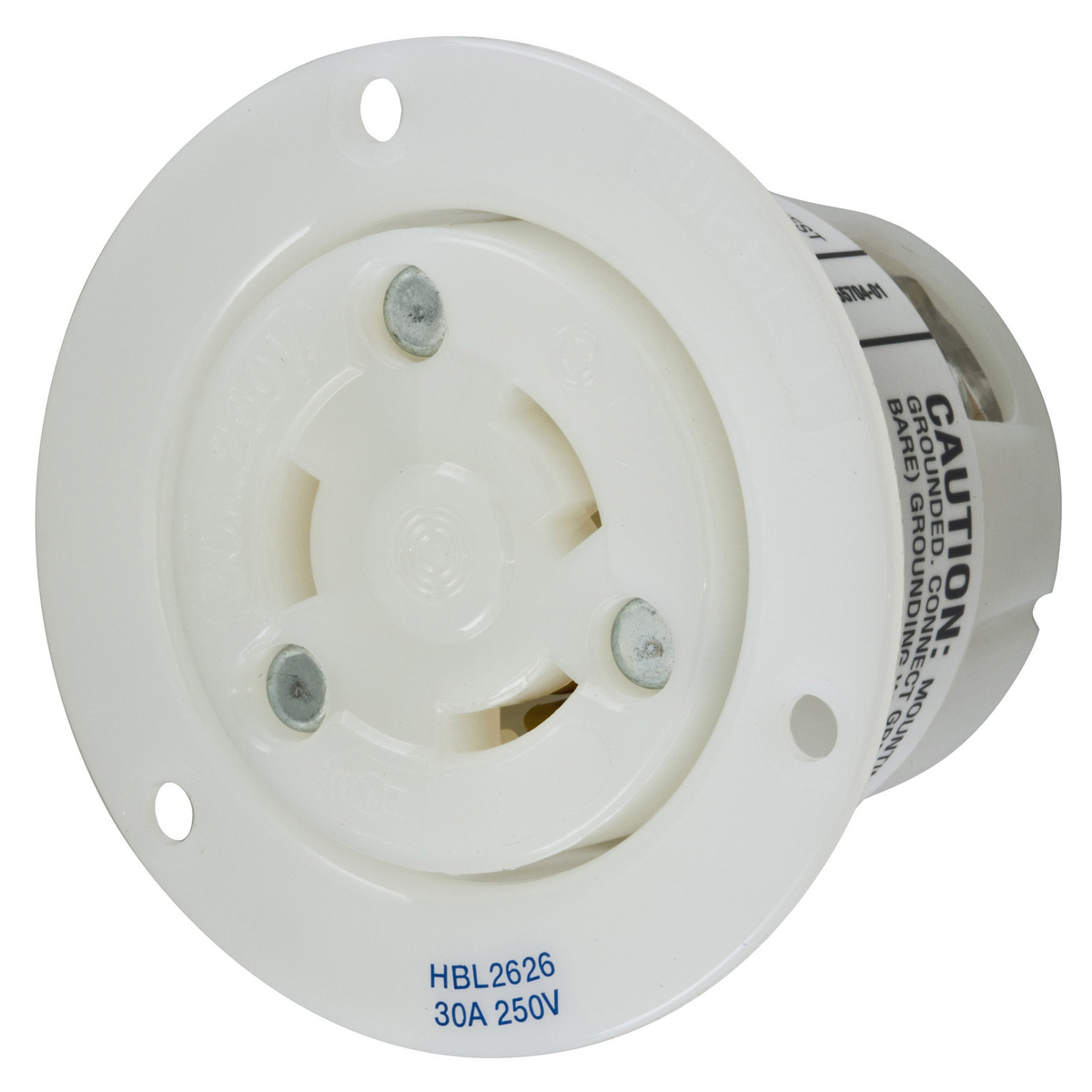 Locking Devices, Twist-Lock, Industrial, Flanged Receptacle, 30A 250V, 2-Pole 3-Wire Grounding, L6-30R, Screw Terminal, White.