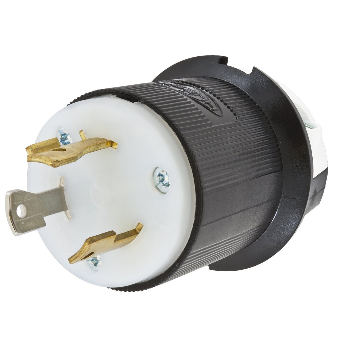 Locking Devices, Twist-Lock, Industrial, Male Plug, 30A 277V AC, 2-Pole 3-Wire Grounding, L7-30P, Screw Terminal, Black and White.