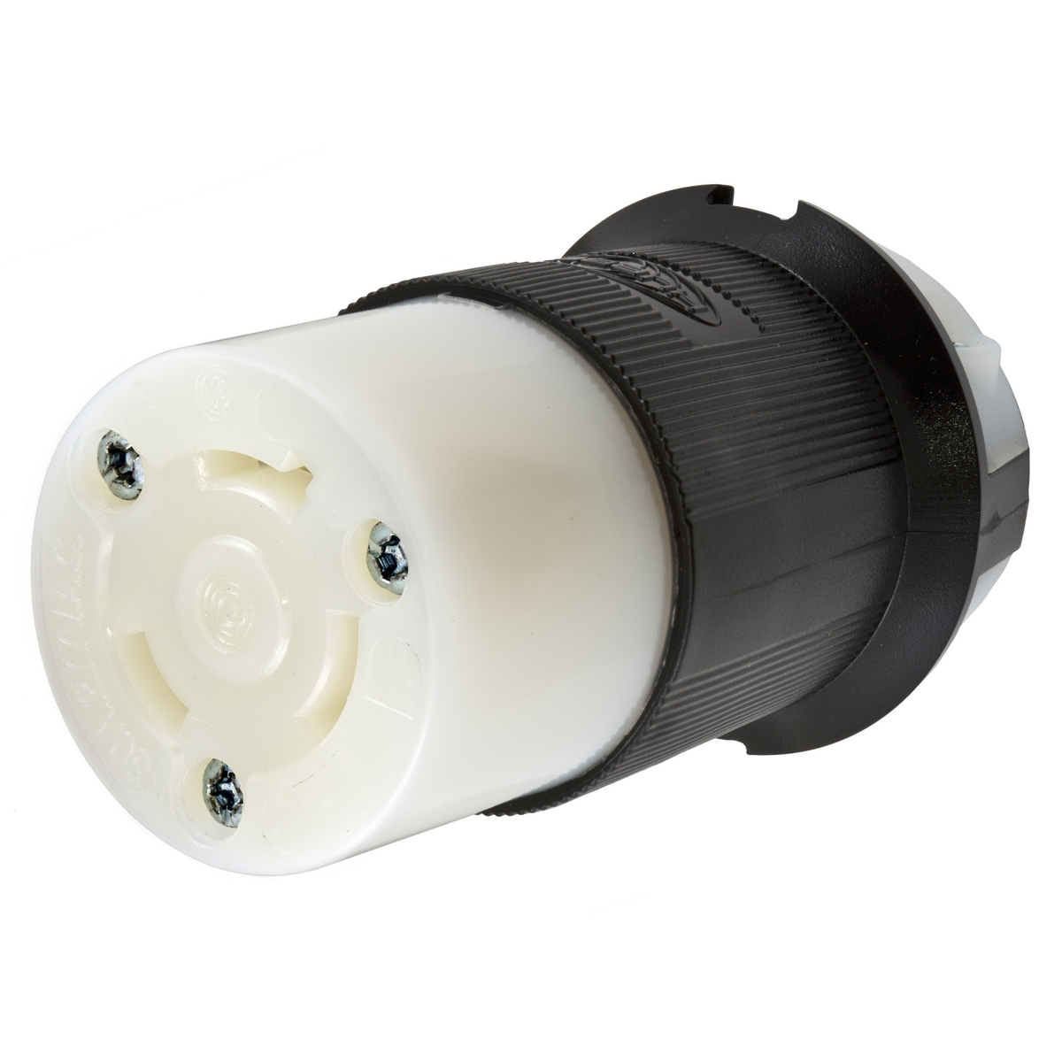 Locking Devices, Twist-Lock, Industrial, Female Connector Body, 30A 277V AC, 2-Pole 3-Wire Grounding, L7-30R, Screw Terminal, Black and White.