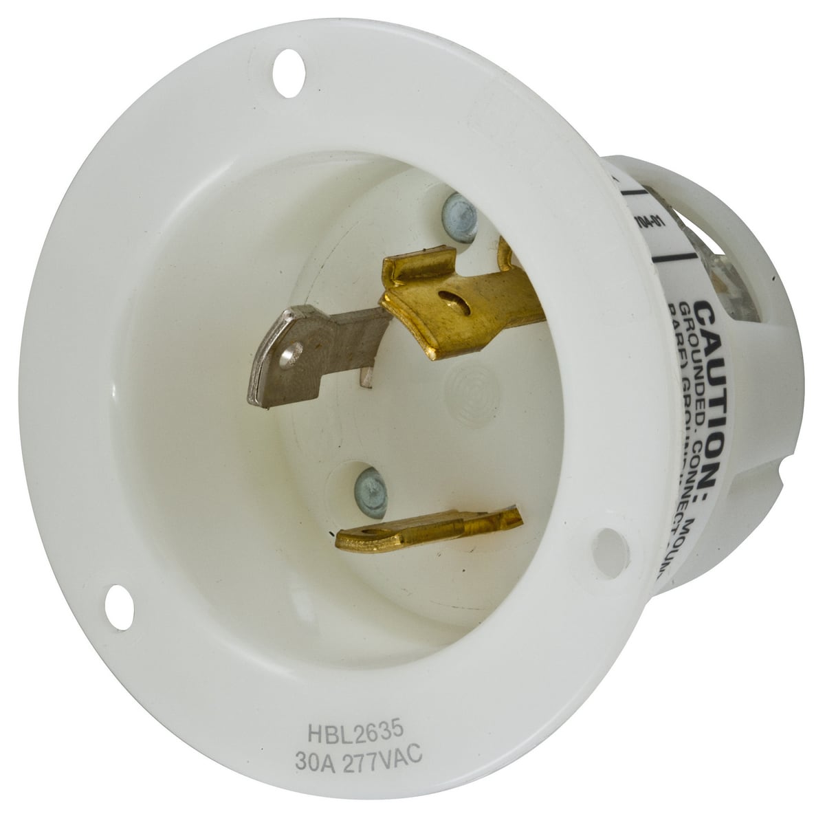 Locking Devices, Twist-Lock, Industrial, Flanged Inlet, 30A 277V AC, 2-Pole 3-Wire Grounding, L7-30P, Screw Terminal, White.