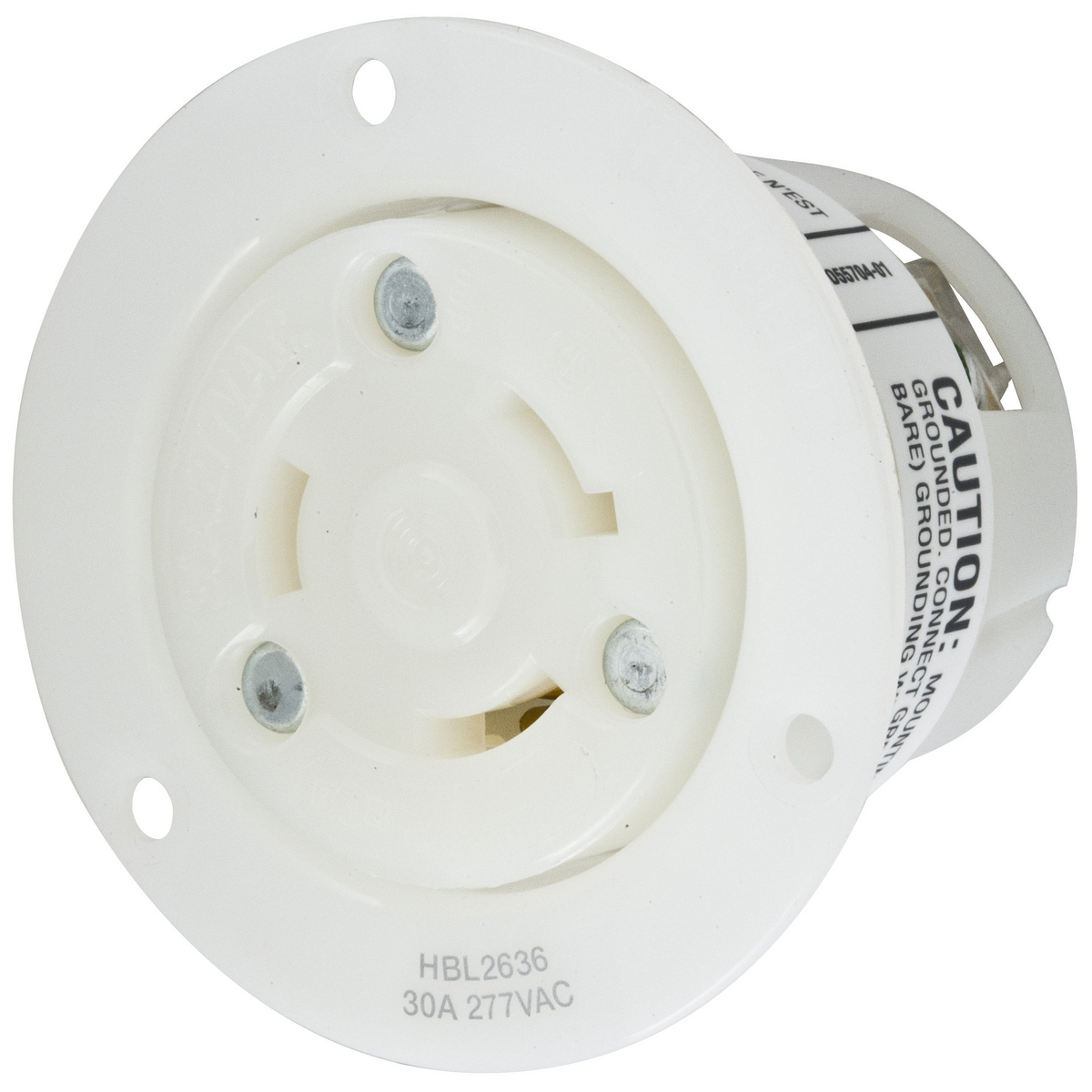 Locking Devices, Twist-Lock, Industrial, Flanged Receptacle, 30A 277V AC, 2-Pole 3-Wire Grounding, L7-30R, Screw Terminal, White.