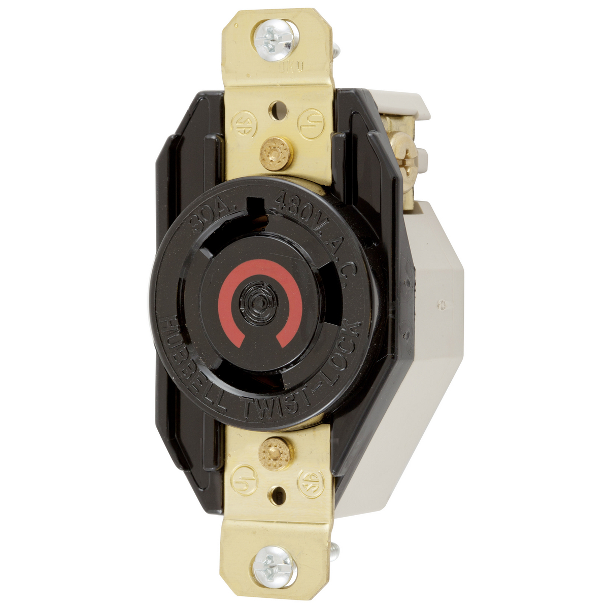 Locking Devices, Twist-Lock, Industrial, Flush Receptacle, 30A 480V AC, 2-Pole 3-Wire Grounding, L8-30R, Screw Terminal, Black.