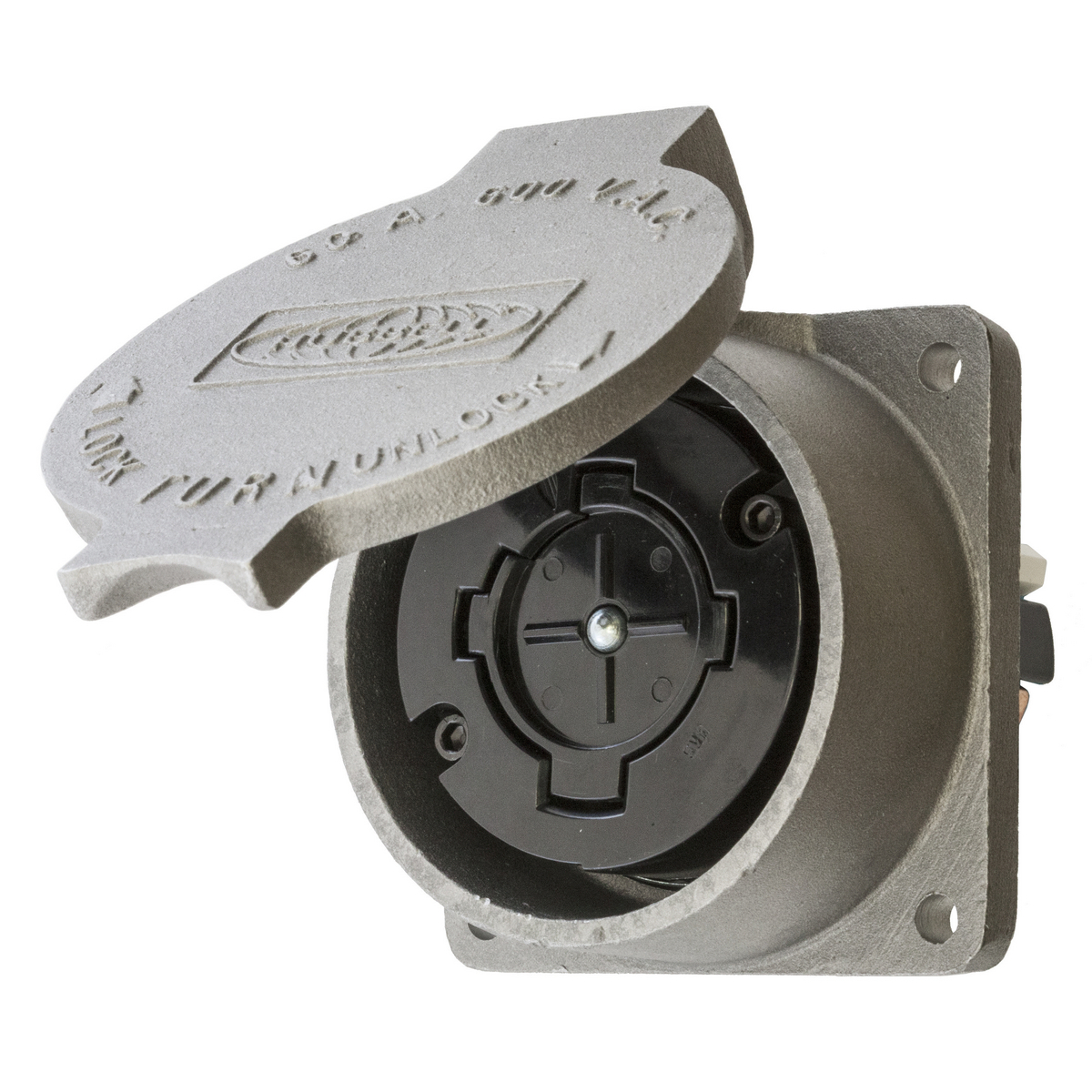 Locking Devices, Hubbellock, Industrial, Receptacle, 60A 600V AC, 3-Pole 4-Wire Grounding, Black phenolic interior with short aluminum housing and lift cover, Non NEMA, Screw Terminal, Metallic