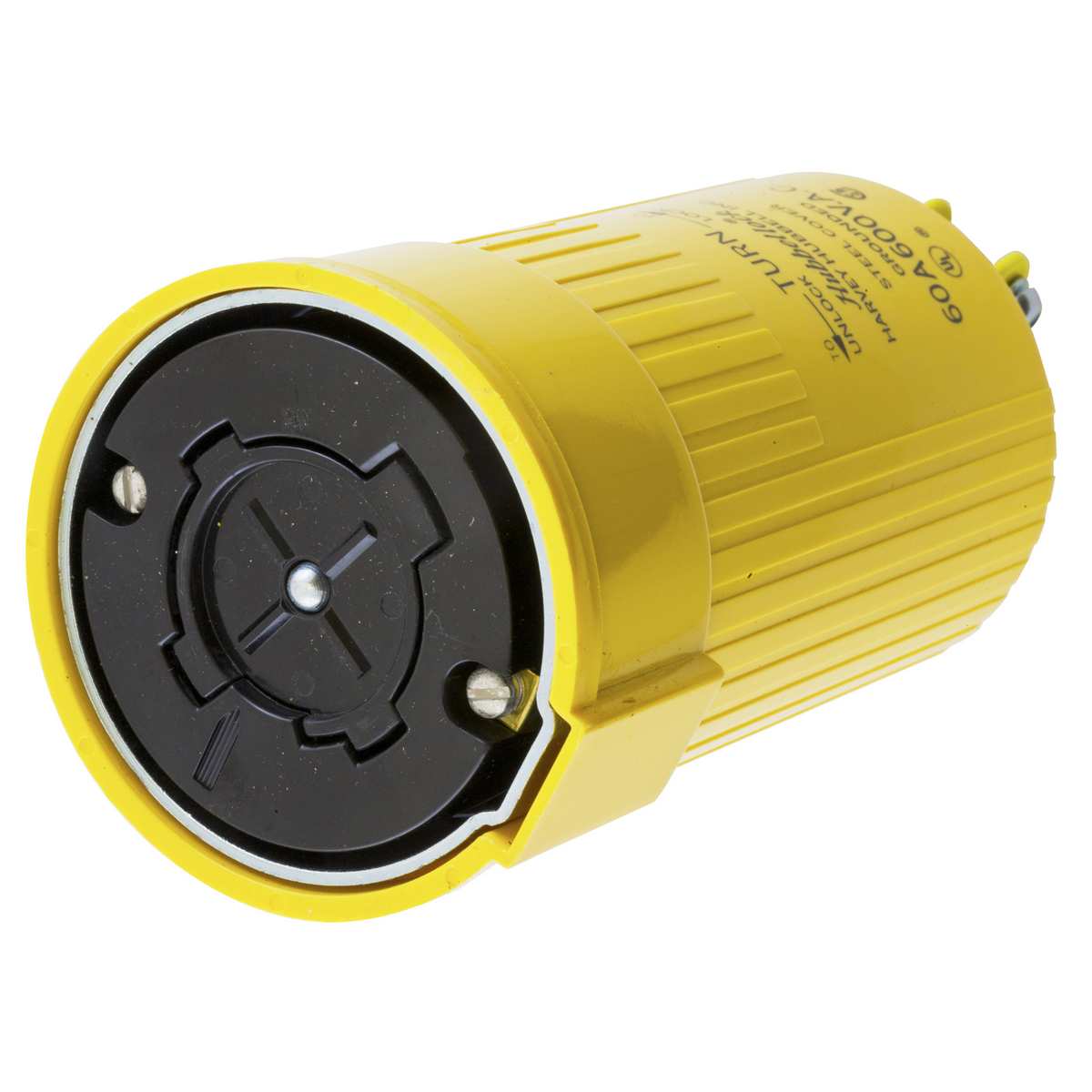 Locking Devices, Hubbellock, Industrial, Female Connector Body, 60A 600V, 3-Pole 4-Wire Grounding, Black phenolic interior, Non NEMA, Screw Terminal, Yellow thermoplastic sleeve over steel housing