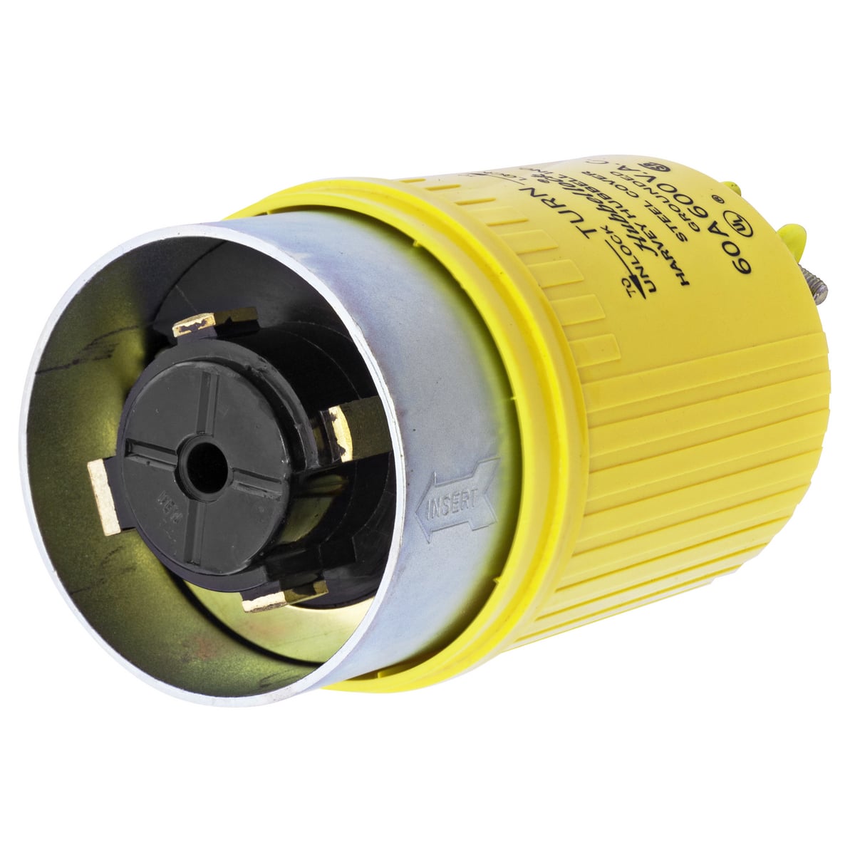 Locking Devices, Hubbellock, Industrial, Male Plug, 60A 600V, 3-Pole 4-Wire Grounding Hubbellock Plug, Black phenolic interior with Yellow thermoplastic sleeve over steel housing, Non NEMA, Screw Terminal