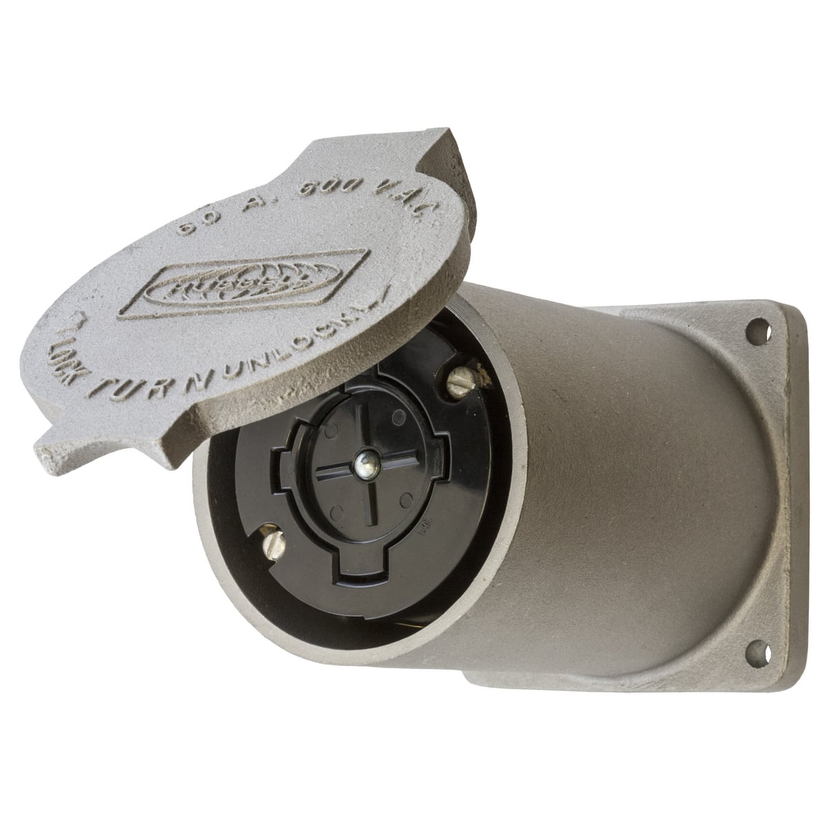 Hubbellock Industrial Receptacle, 60A 600V AC, 3-Pole 4-Wire Grounding phenolic interior with longuminum housing and lift cover, Non NEMA, Screw Terminal, Metallic