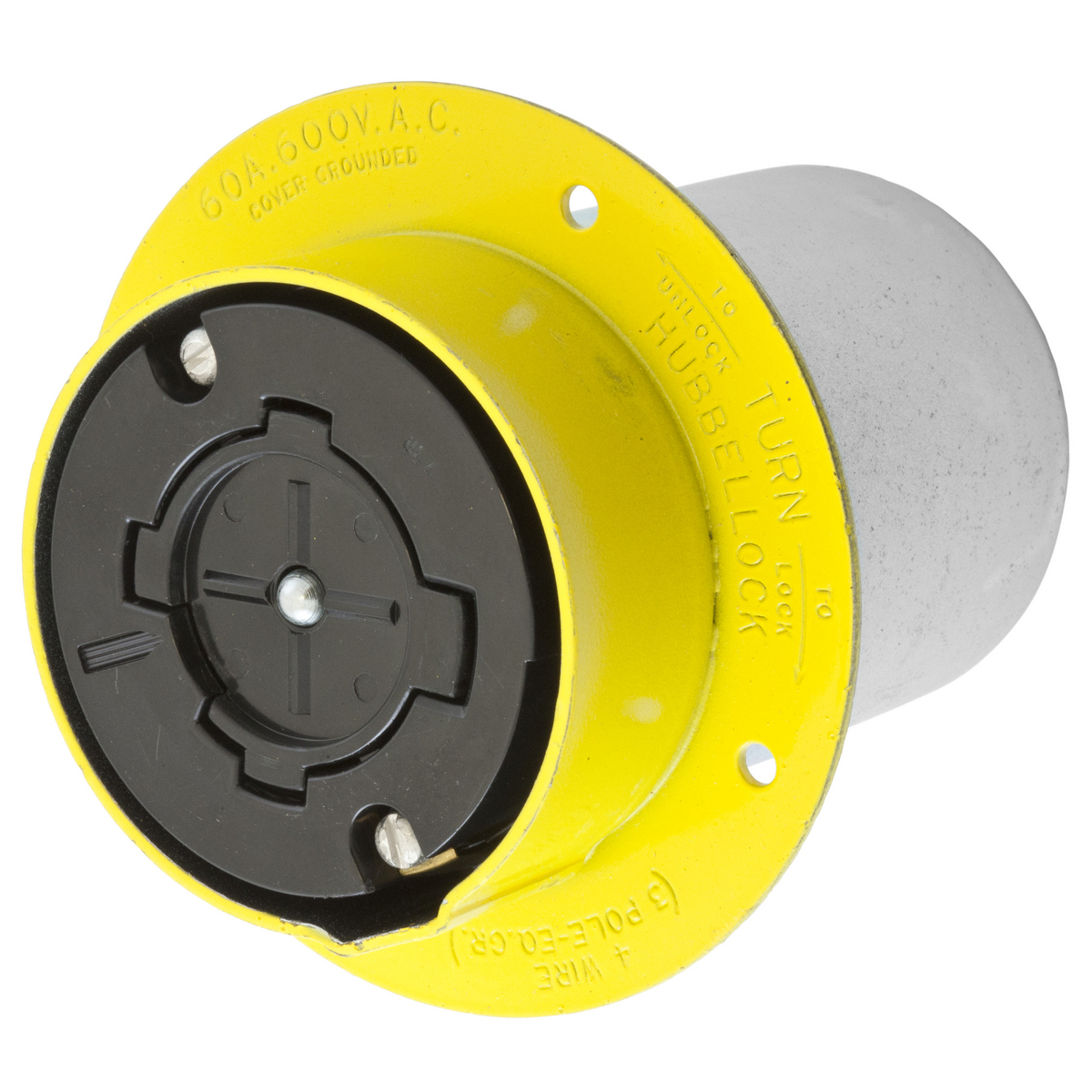 Hubbellock Industrial Flanged Receptacle, 60A 600V, 3-Pole 4-Wire Grounding phenolic interior with Steel housing and flange, Non NEMA, Screw Terminal