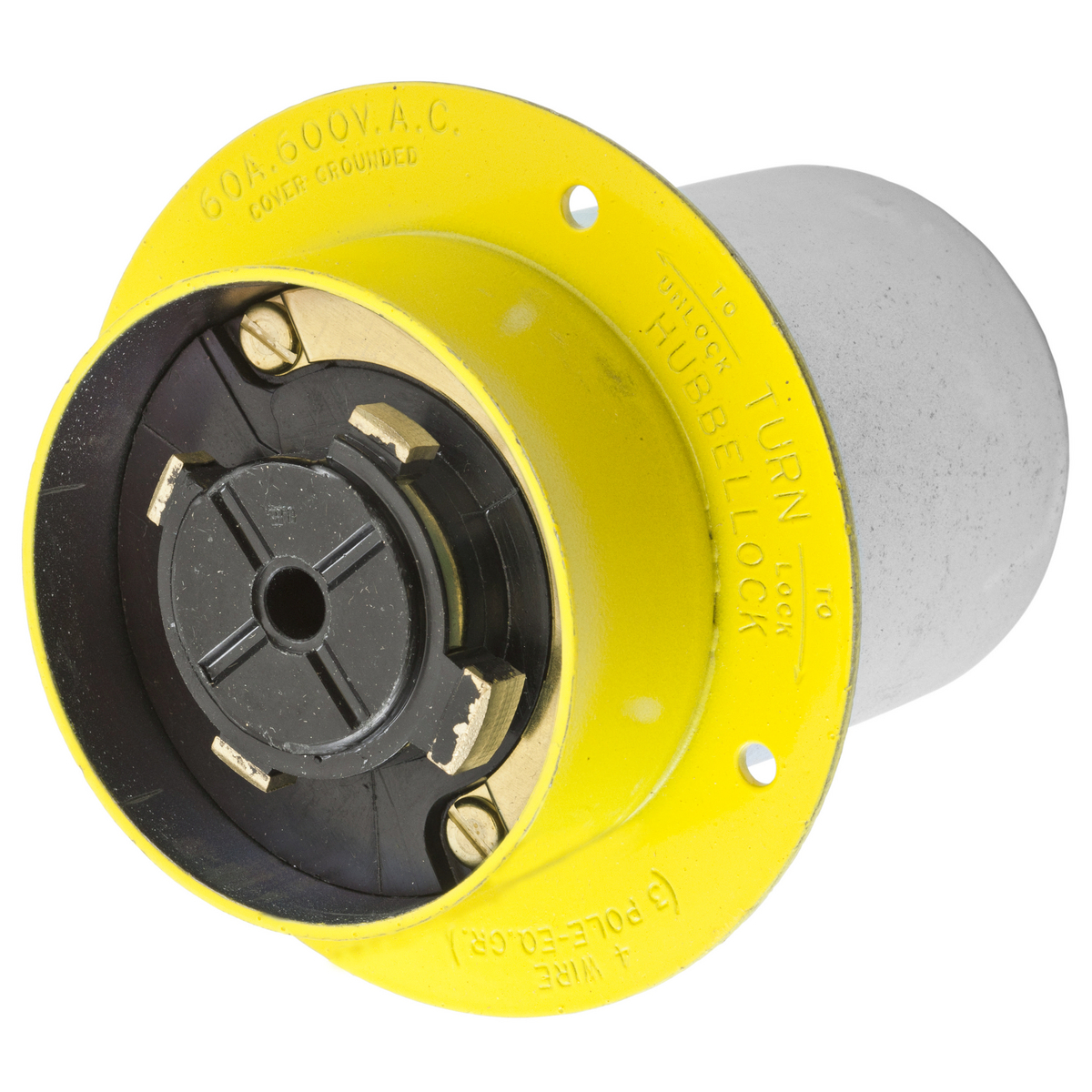 Locking Devices, Hubbellock, Industrial, Flanged Inlet, 60A 600V, 3-Pole 4-Wire Grounding, Black phenolic interior with steel housing and flange, Non NEMA, Screw Terminal, Yellow