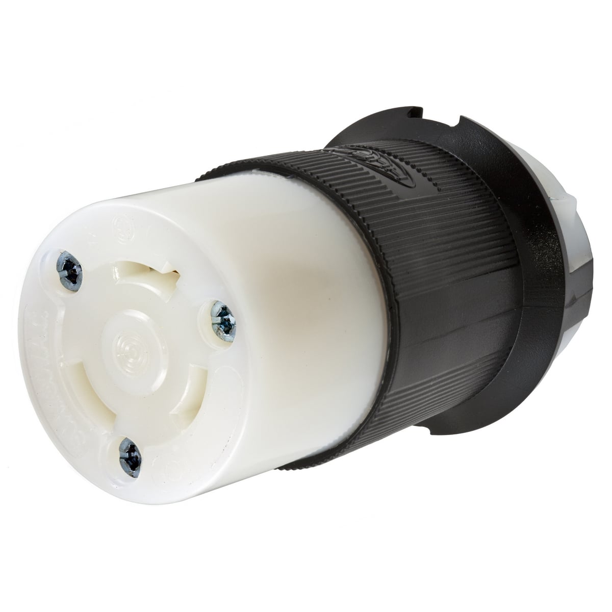 Locking Devices, Twist-Lock, Industrial, Female Connector Body, 30A 480V AC, 2-Pole 3-Wire Grounding, L8-30R, Screw Terminal, Black and White.