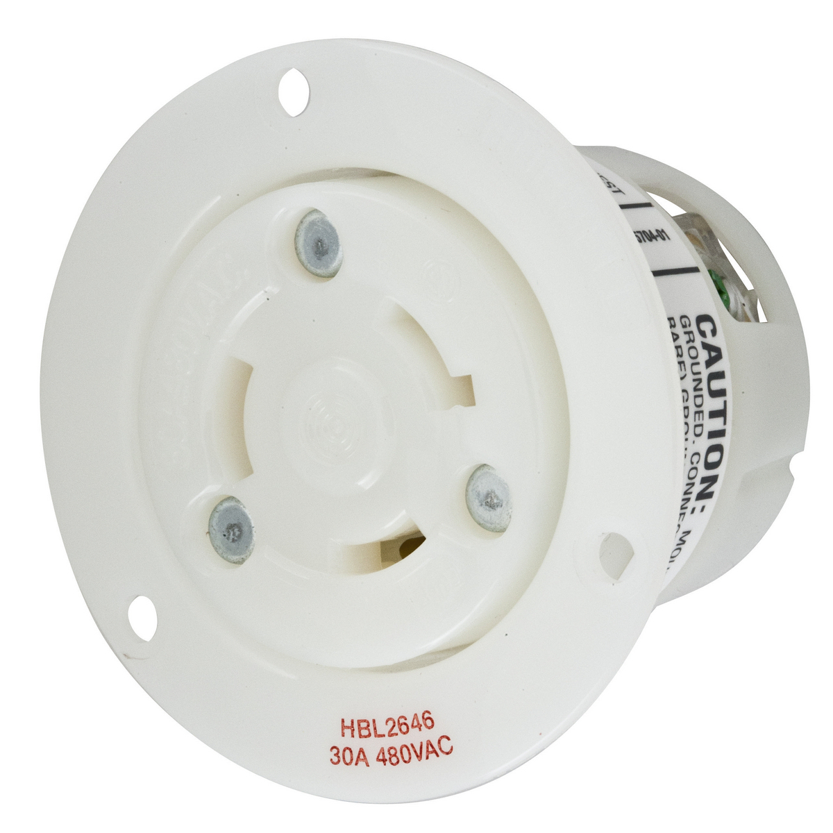 Locking Devices, Twist-Lock, Industrial, Flanged Receptacle, 30A 480V AC, 2-Pole 3-Wire Grounding, L8-30R, Screw Terminal, White.