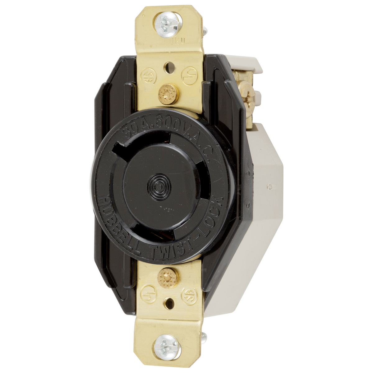 Locking Devices, Twist-Lock, Industrial, Flush Receptacle, 30A 600V AC, 2-Pole 3-Wire Grounding, L9-30R, Screw Terminal, Black.