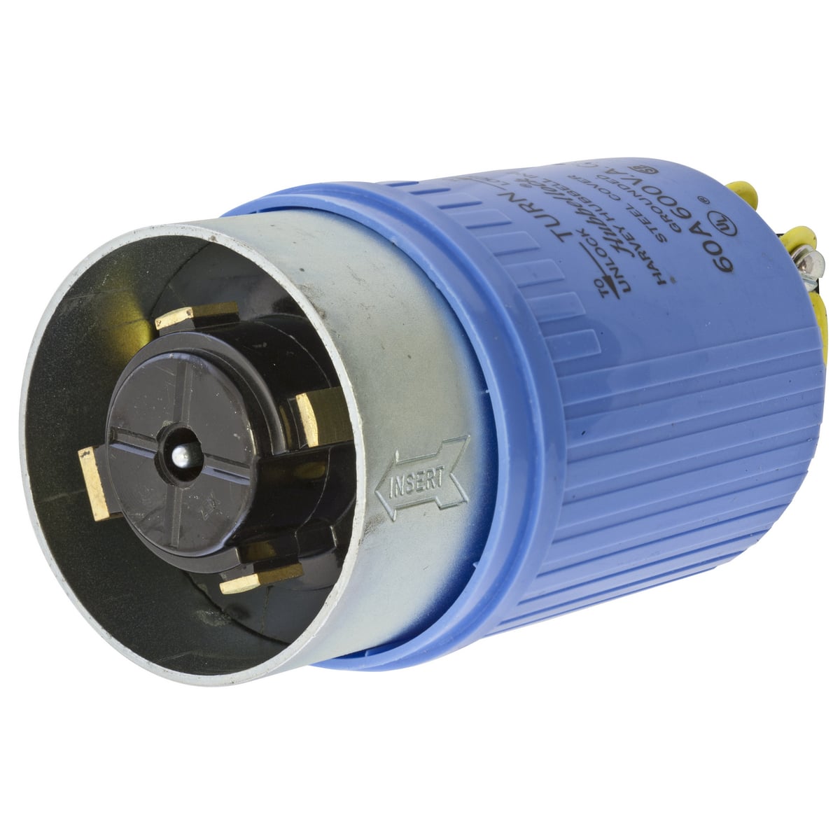 Locking Devices, Hubbellock, Industrial, Male Plug, 60A 600V AC, 4-Pole 5-Wire Grounding Hubbellock Plug, Black phenolic interior with Blue thermoplastic sleeve and steel housing, Non NEMA, Screw Terminal