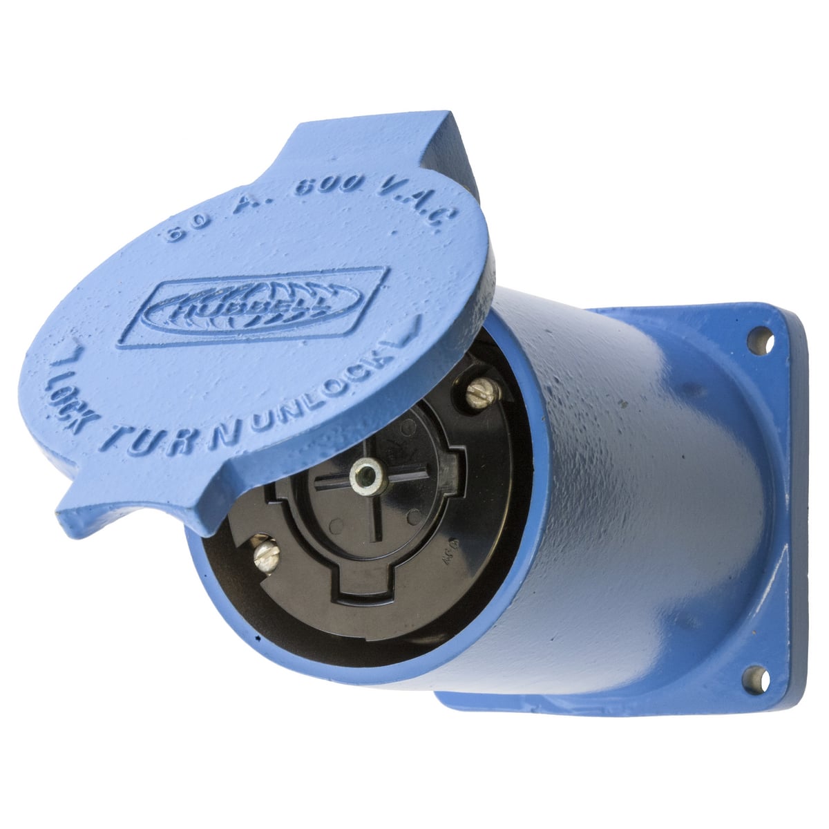 Hubbellock Industrial Receptacle, 60A 600V AC, 4-Pole 5-Wire Grounding phenolic interior with longuminum housing and lift cover, Non NEMA, Screw Terminal