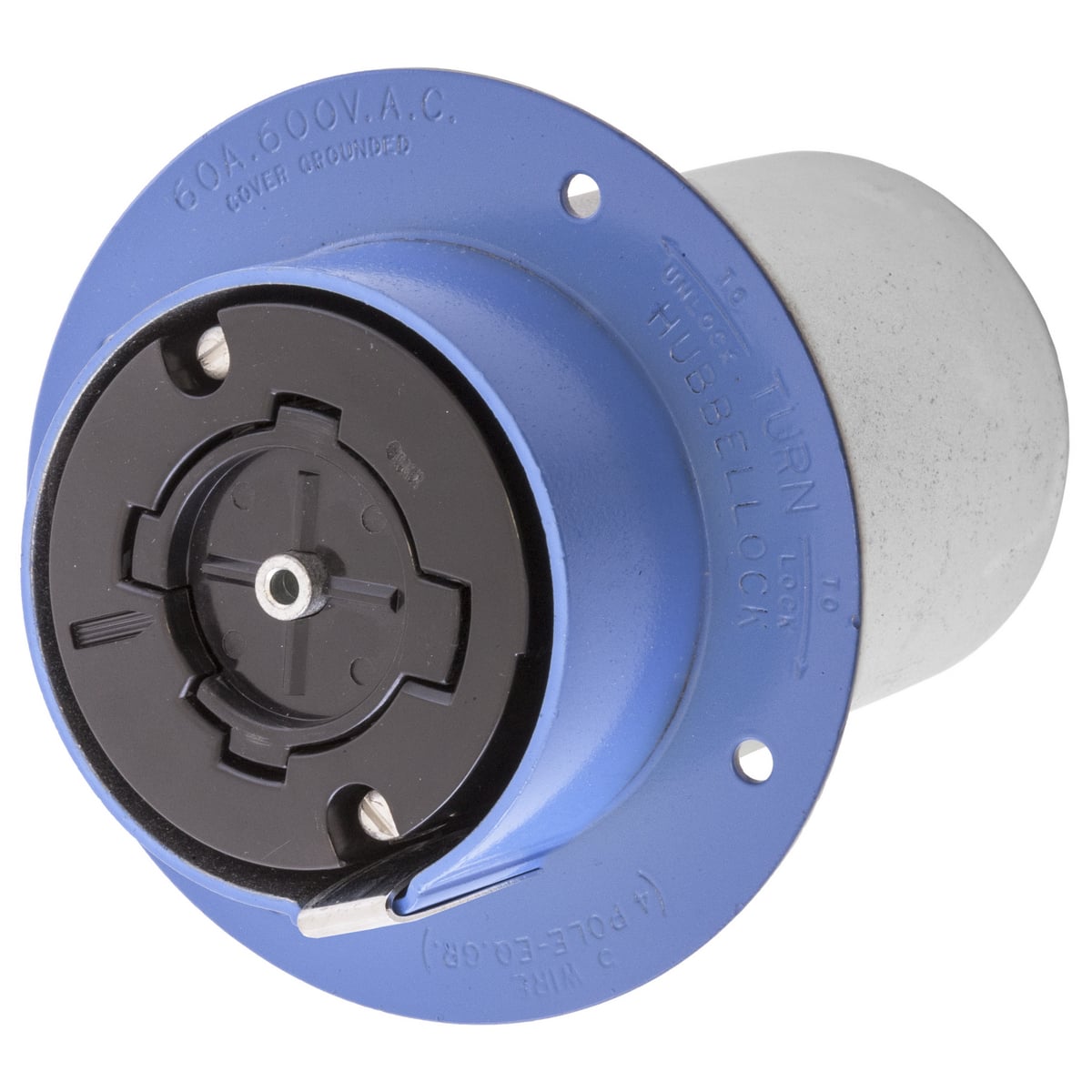 Hubbellock Industrial Flanged Receptacle, 60A 600V AC, 4-Pole 5-Wire Grounding phenolic interior with Steel housing and flange with blue finish, Non NEMA, Screw Terminal
