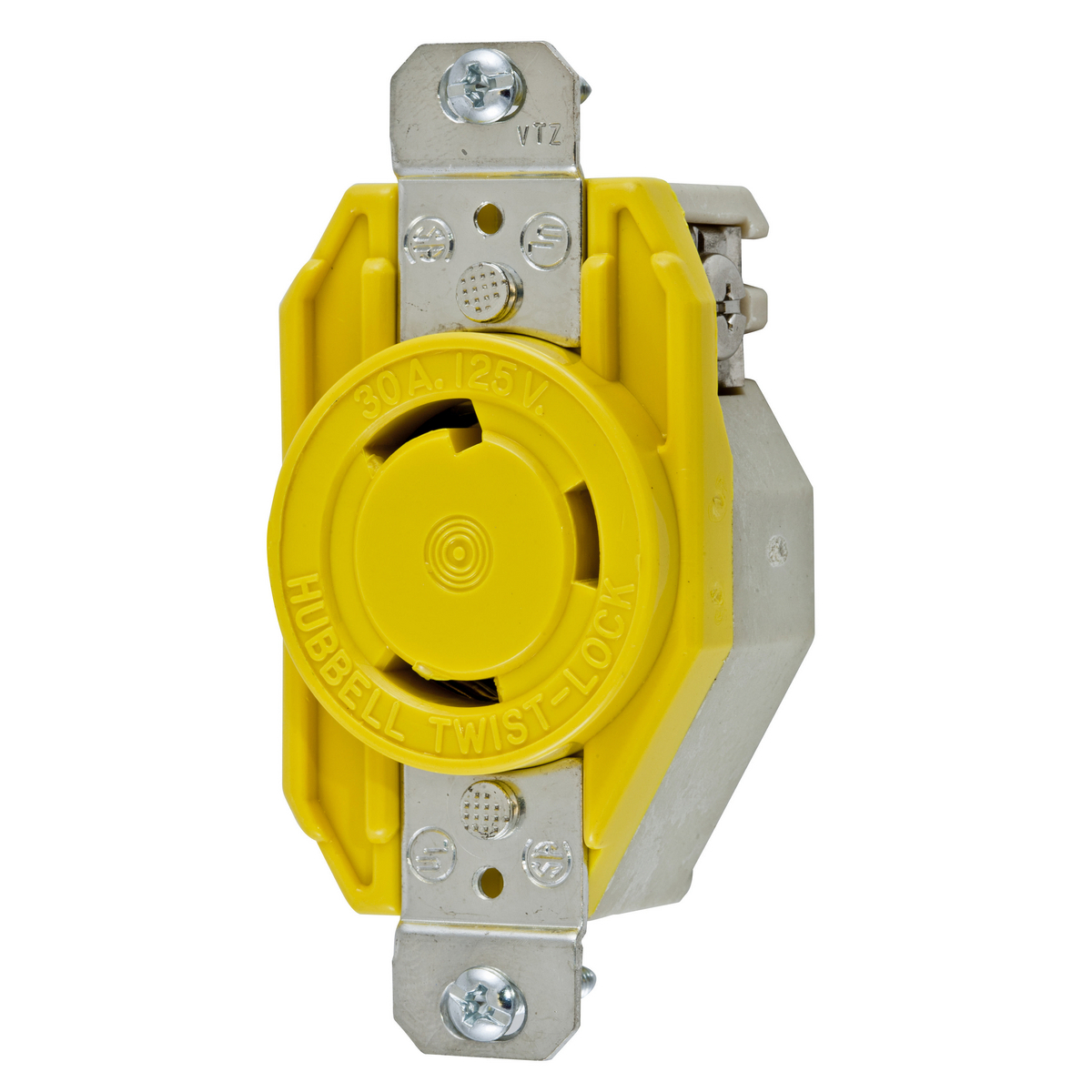Locking Devices, Twist-Lock, Marine Grade, Corrosion Resistant Single Flush Receptacle, 30A 125V AC, 2-Pole 3-Wire Grounding, NEMA L5-30R, Screw Terminal, Nylon face, Yellow.