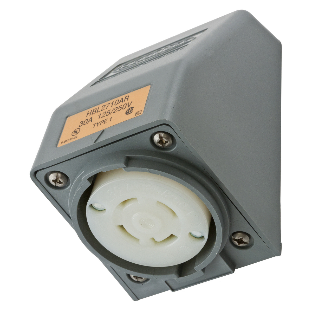 Locking Devices, Twist-Lock, Safety-Shroud, Angled Receptacle, One Gang, 30A 125/250V AC, 3-Pole 4-Wire Grounding, NEMA L14- 30R, Screw Terminal, Gray.