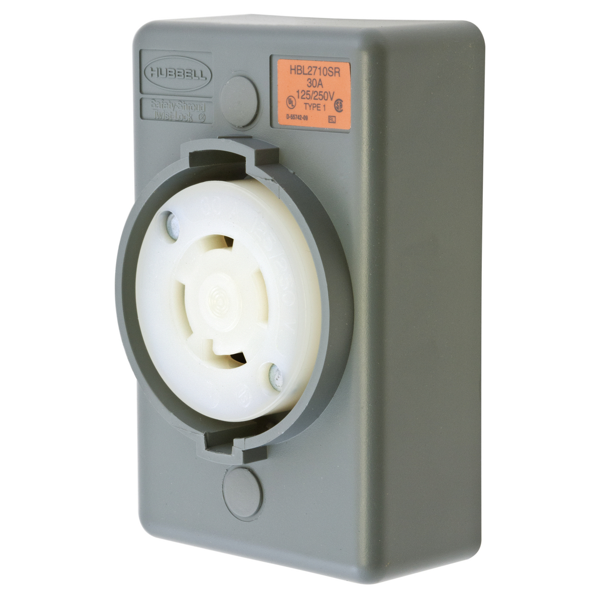 Locking Devices, Twist-Lock, Safety-Shroud, Surface Mount Receptacle, One Gang, 30A 125/250V AC, 3-Pole 4-Wire Grounding, NEMA L14-30R, Screw Terminal, Gray.