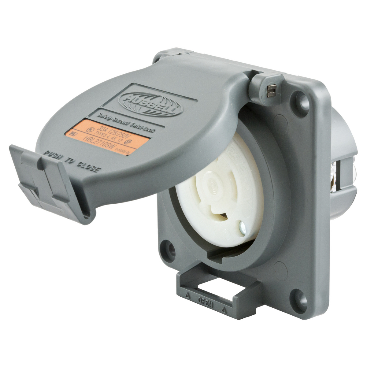 Locking Devices, Twist-Lock, Watertight Safety-Shroud, Receptacle, 30A 125/250V AC, 3-Pole 4-Wire Grounding, NEMA L14- 30R, Screw Terminal, PBT housing and flange, Gray.