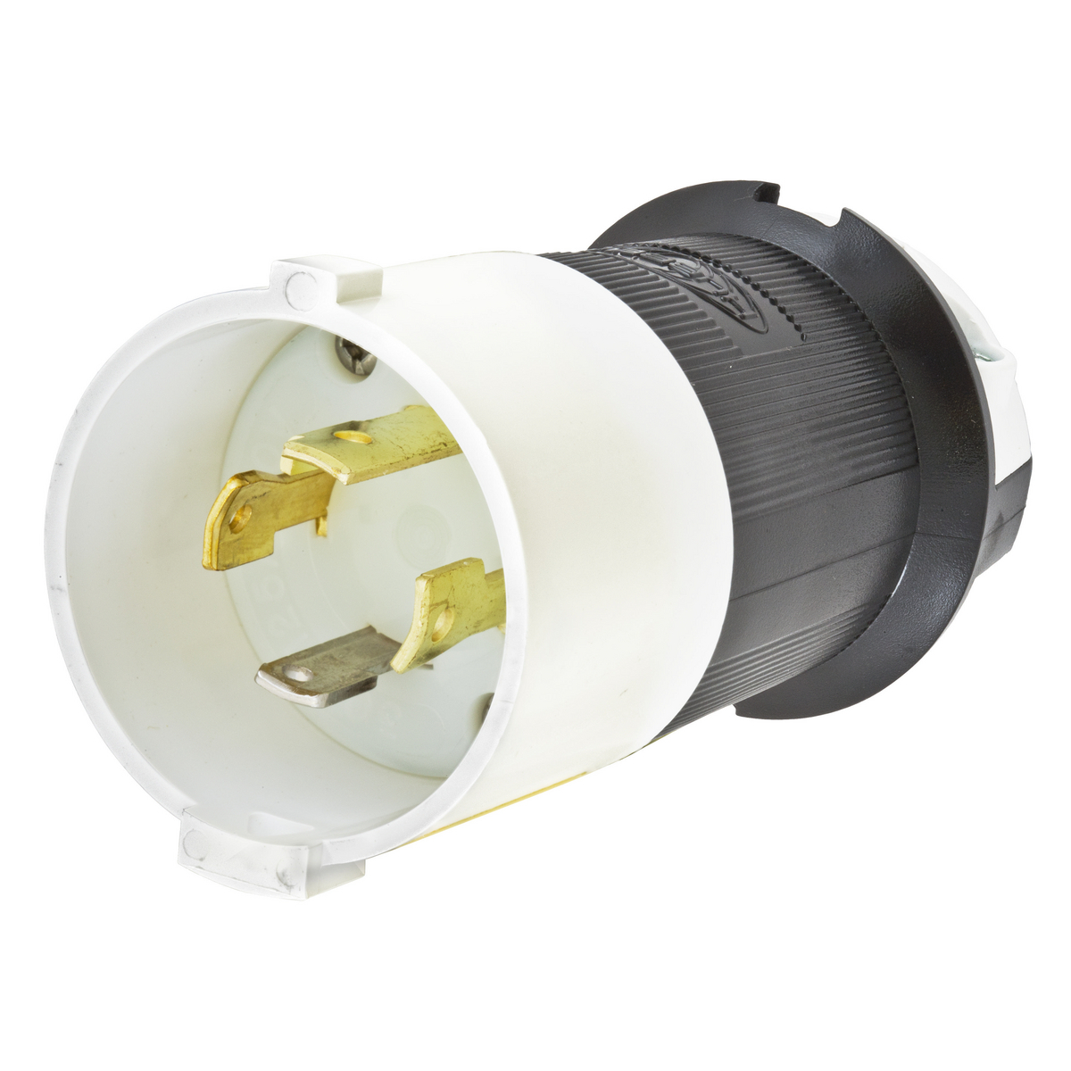 Locking Devices, Twist-Lock, Safety-Shroud, Male Plug, 30A 125/250V AC, 3-Pole 4-Wire Grounding, NEMA L14-30P, Screw Terminal, Black and White Nylon Body, White PBT Shroud.