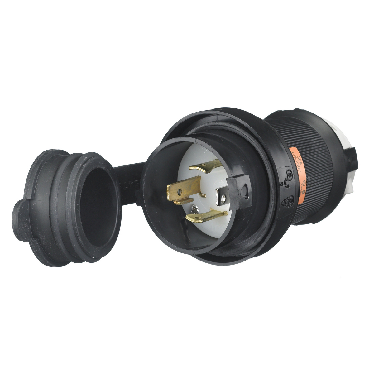 Locking Devices, Twist-Lock, Watertight Safety-Shroud, Male Plug, 30A 125/250V AC, 3-Pole 4-Wire Grounding, NEMA L14- 30P, Screw Terminal, Black PBT housing, White PBT clamps.