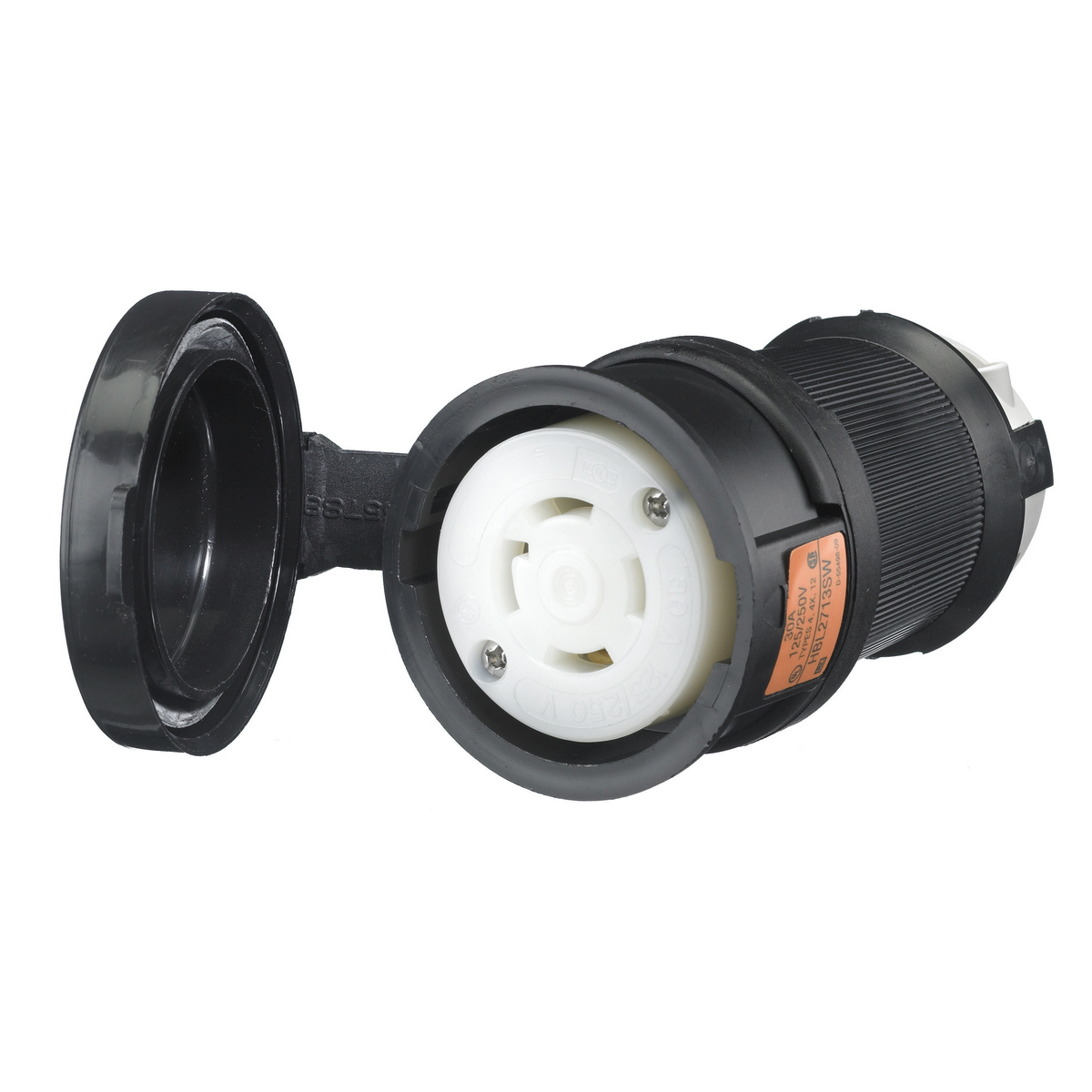 Locking Devices, Twist-Lock, Watertight Safety-Shroud, Female Connector Body, 30A 125/250V AC, 3-Pole 4-Wire Grounding, NEMA L14-30R, Screw Terminal, Black PBT housing, White PBT clamps.